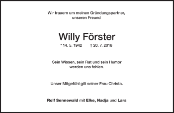 Traueranzeige von Willy Förster von Süddeutsche Zeitung