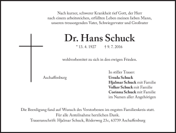 Traueranzeige von Hans Schuck von Süddeutsche Zeitung