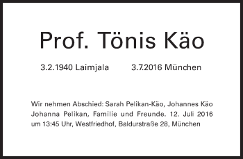 Traueranzeige von Tönis Käo von Süddeutsche Zeitung
