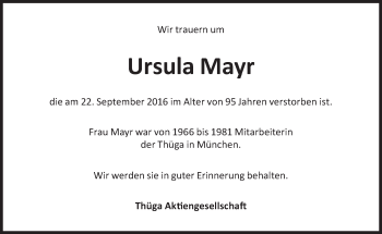 Traueranzeige von Ursula Mayr von Süddeutsche Zeitung