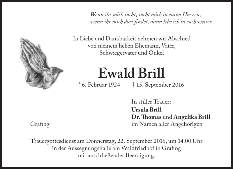  Traueranzeige für Ewald Brill vom 19.09.2016 aus Süddeutsche Zeitung