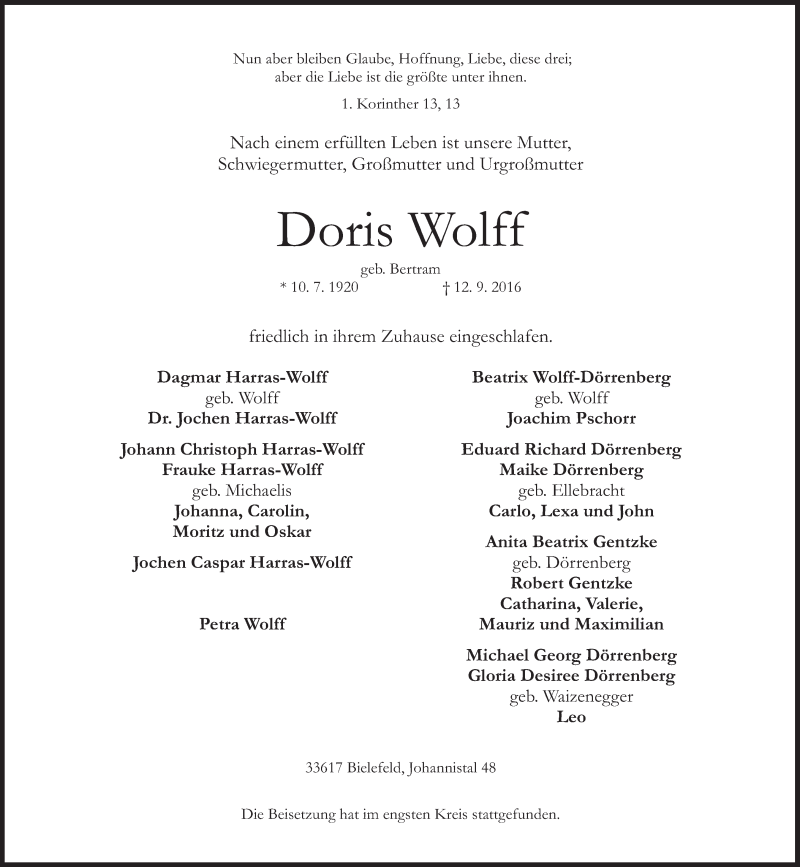  Traueranzeige für Doris Wolff vom 17.09.2016 aus Süddeutsche Zeitung