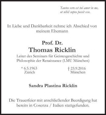 Traueranzeige von Thomas Ricklin von Süddeutsche Zeitung