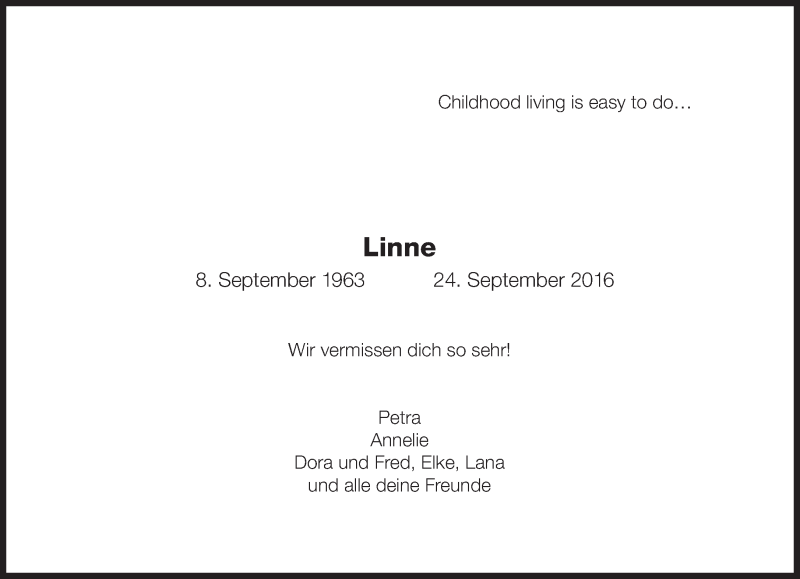  Traueranzeige für Linne  vom 01.10.2016 aus Süddeutsche Zeitung