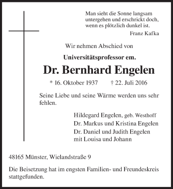 Traueranzeige von Bernhard Engelen von Süddeutsche Zeitung
