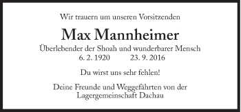 Traueranzeige von Max Mannheimer von Süddeutsche Zeitung