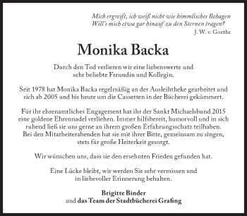 Traueranzeige von Monika Backa von Süddeutsche Zeitung