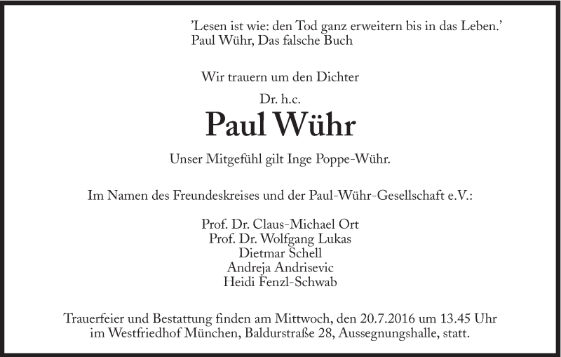  Traueranzeige für Paul Wühr vom 18.07.2016 aus Süddeutsche Zeitung