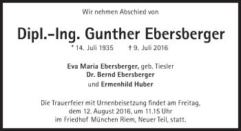 Traueranzeige von Gunther Ebersberger von Süddeutsche Zeitung