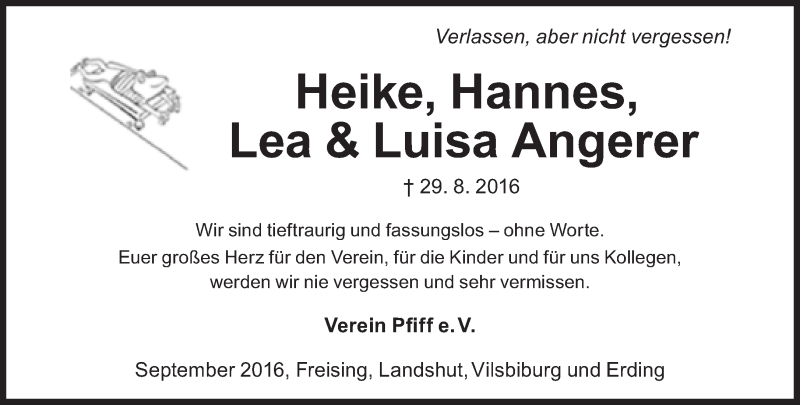  Traueranzeige für Heike, Hannes, Lea, Luisa Angerer vom 10.09.2016 aus Süddeutsche Zeitung