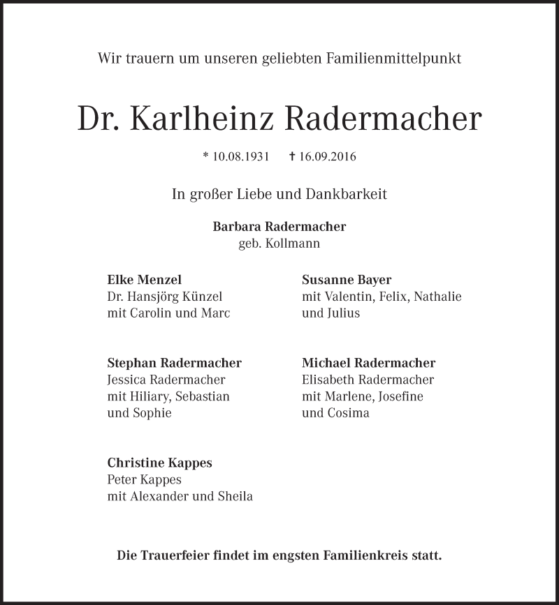  Traueranzeige für Karlheinz Radermacher vom 24.09.2016 aus Süddeutsche Zeitung