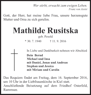 Traueranzeige von Mathilde Rusitska von Süddeutsche Zeitung