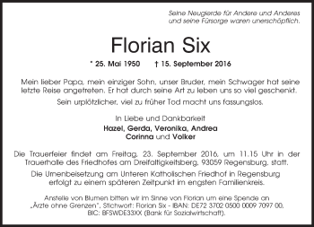 Traueranzeige von Florian Six von Süddeutsche Zeitung
