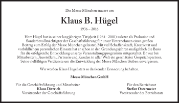 Traueranzeige von Klaus B. Hügel von Süddeutsche Zeitung