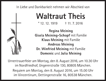 Traueranzeige von Waltraut Theis von Süddeutsche Zeitung