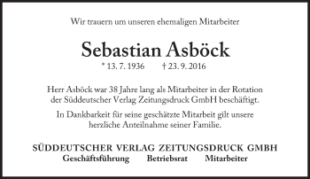 Traueranzeige von Sebastian Asböck von Süddeutsche Zeitung