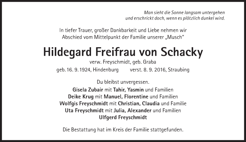  Traueranzeige für Hildegard Freifrau von Schacky vom 17.09.2016 aus Süddeutsche Zeitung