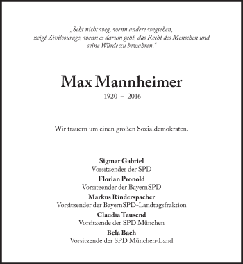 Traueranzeige von Max Mannheimer von Süddeutsche Zeitung