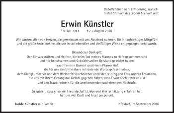 Traueranzeige von Erwin Künstler von Süddeutsche Zeitung