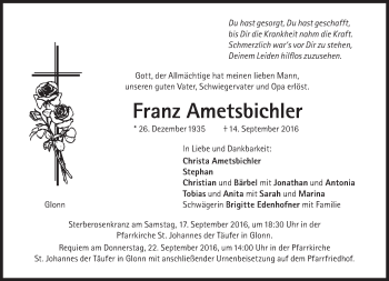 Traueranzeige von Franz Ametsbichler von Süddeutsche Zeitung