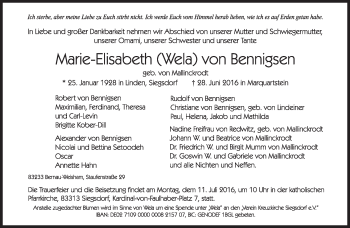 Traueranzeige von Marie-Elisabeth von Bennigsen von Süddeutsche Zeitung