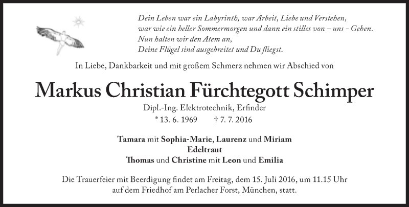  Traueranzeige für Markus Christian Fürchtegott Schimper vom 13.07.2016 aus Süddeutsche Zeitung