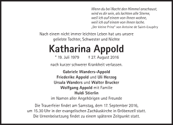 Traueranzeige von Katharina Appold von Süddeutsche Zeitung