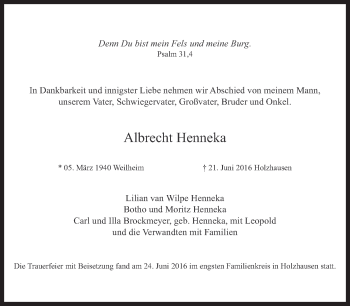 Traueranzeige von Albrecht Henneka von Süddeutsche Zeitung