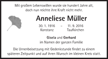 Traueranzeige von Anneliese Müller von Süddeutsche Zeitung