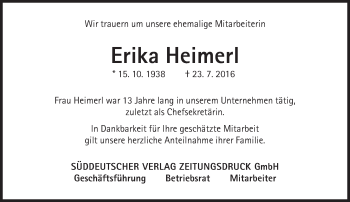 Traueranzeige von Erika Heimerl von Süddeutsche Zeitung