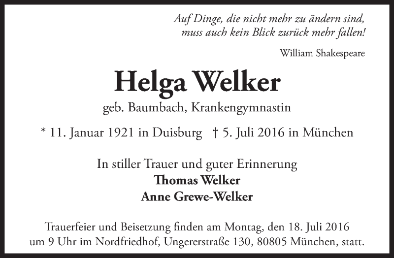  Traueranzeige für Helga Maximiliane Welker-Baumbach vom 09.07.2016 aus Süddeutsche Zeitung
