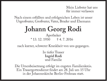 Traueranzeige von Johann Georg Rodi von Süddeutsche Zeitung