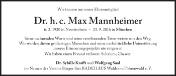 Traueranzeige von Max Mannheimer von Süddeutsche Zeitung