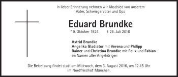 Traueranzeige von Eduard Brundke von Süddeutsche Zeitung