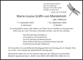 Traueranzeige von Marie-Louise Gräfin von Mandelsloh von Süddeutsche Zeitung