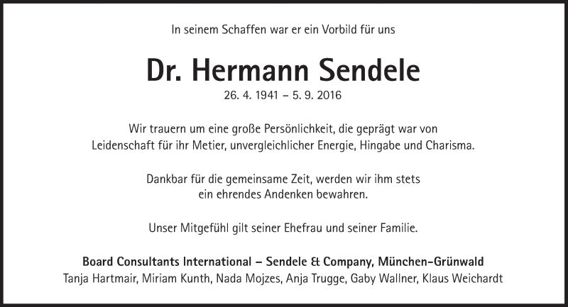  Traueranzeige für Hermann Sendele vom 10.09.2016 aus Süddeutsche Zeitung
