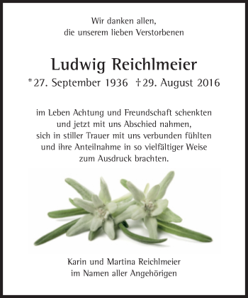 Traueranzeige von Ludwig Reichlmeier von Süddeutsche Zeitung