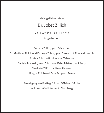 Traueranzeige von Jobst Zillich von Süddeutsche Zeitung