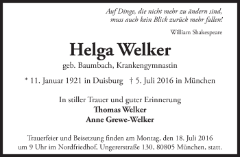 Traueranzeige von Helga Maximiliane Welker-Baumbach von Süddeutsche Zeitung