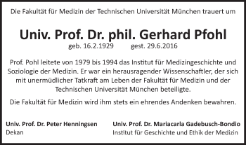 Traueranzeige von Gerhard Pfohl von Süddeutsche Zeitung