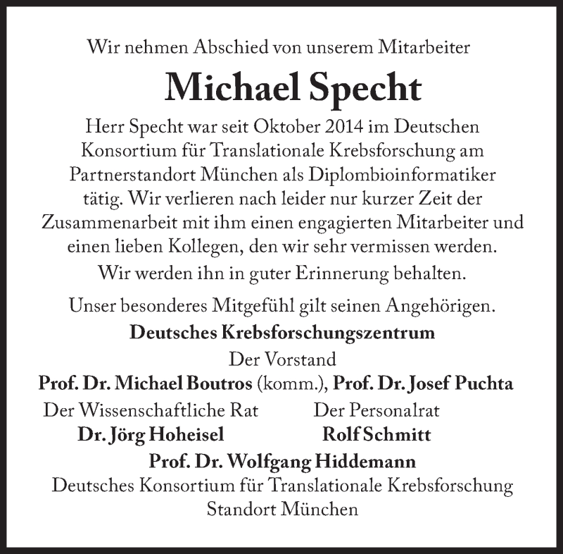  Traueranzeige für Michael Oliver Patrick Specht vom 02.08.2016 aus Süddeutsche Zeitung