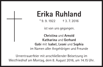 Traueranzeige von Erika Ruhland von Süddeutsche Zeitung