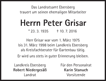 Traueranzeige von Peter Grisar von Süddeutsche Zeitung