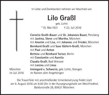 Traueranzeige von Lilo Graßl von Süddeutsche Zeitung
