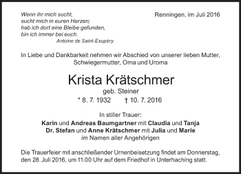 Traueranzeige von Krista Krätschmer von Süddeutsche Zeitung
