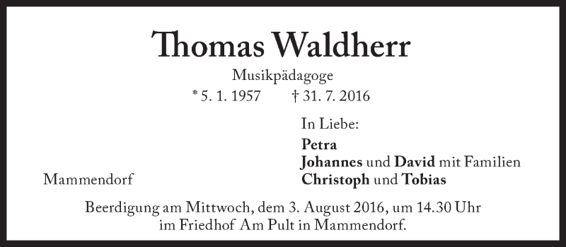  Traueranzeige für Thomas Waldherr vom 02.08.2016 aus Süddeutsche Zeitung