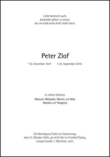 Traueranzeige von Peter Zlof von Süddeutsche Zeitung