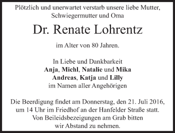 Traueranzeige von Renate Lohrentz von Süddeutsche Zeitung