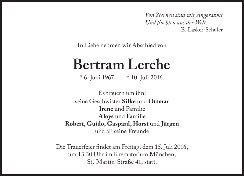  Traueranzeige für Bertram Lerche vom 14.07.2016 aus Süddeutsche Zeitung