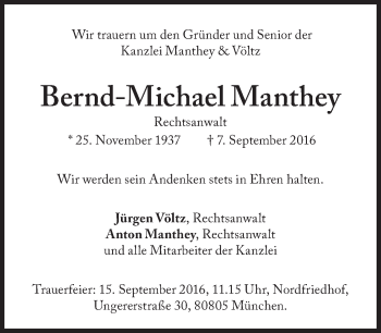 Traueranzeige von Bernd-Michael Manthey von Süddeutsche Zeitung